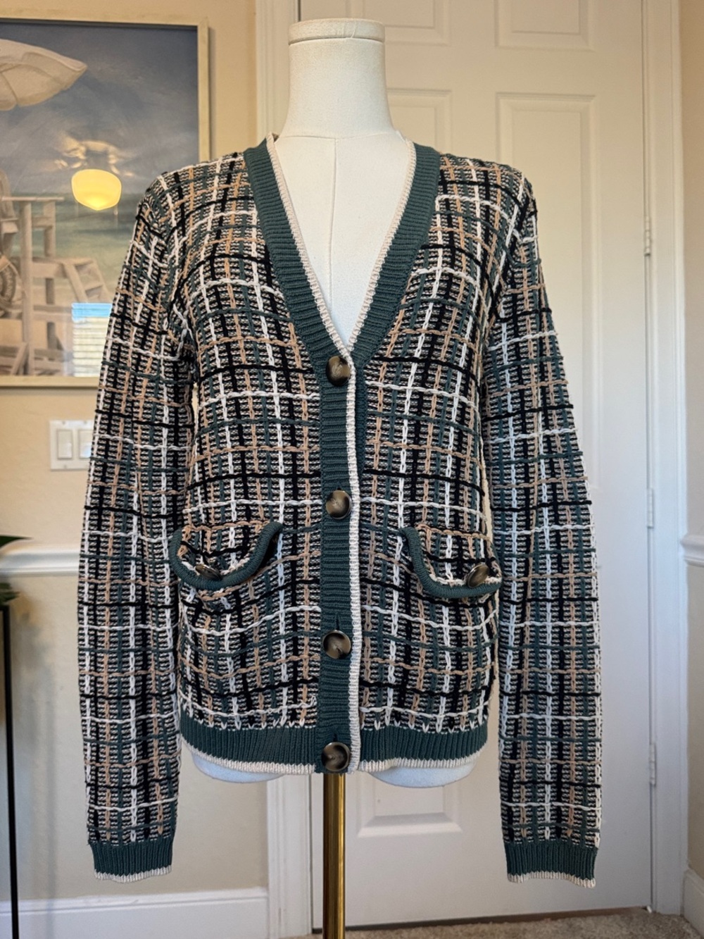 Textured Knit Button-Up Cardigan in Hunter Green, Black & Cream